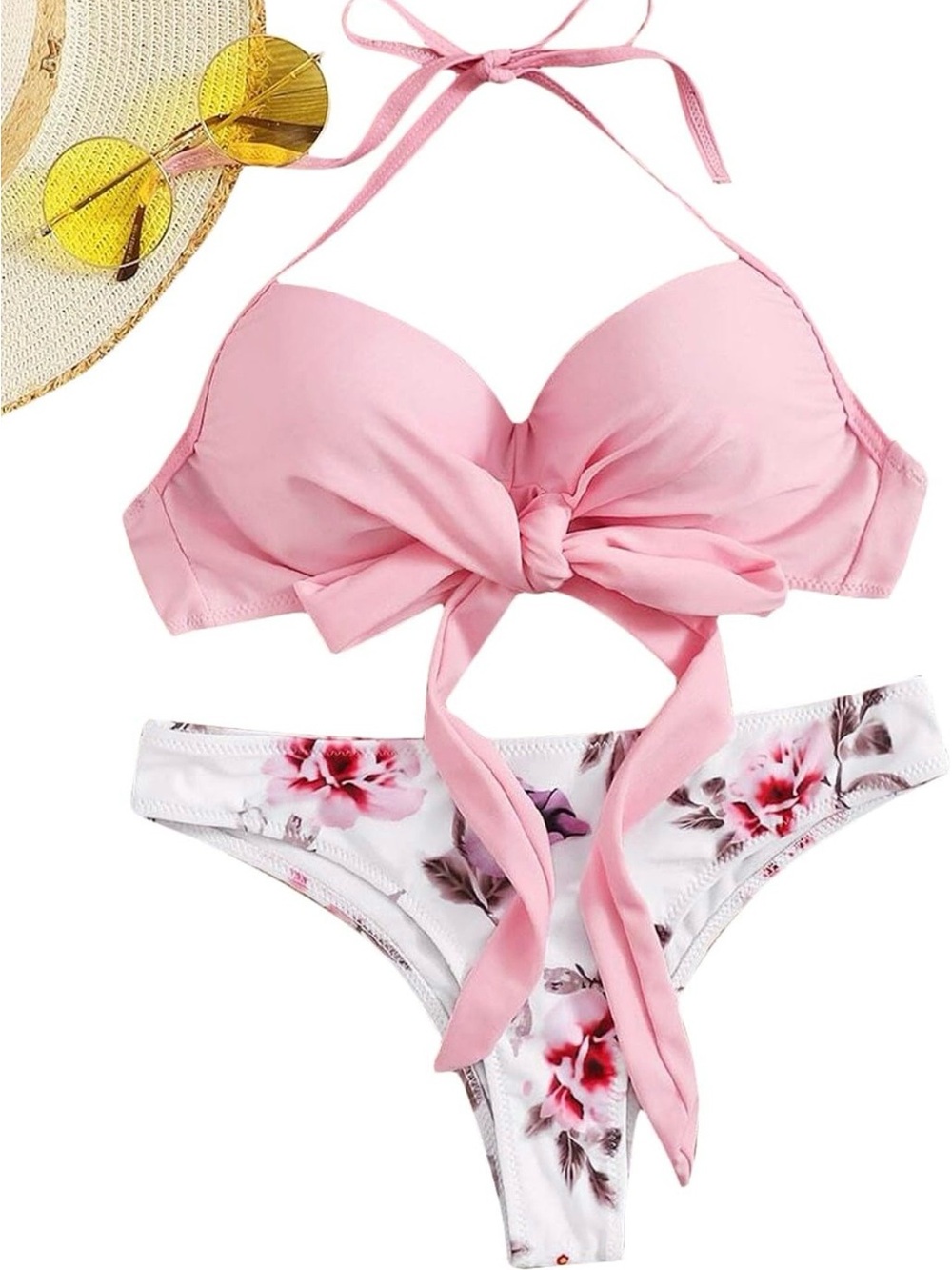 Set of Pink Floral Tie Front Bikini Womens Large Two Piece Swimsuit Beach Resort